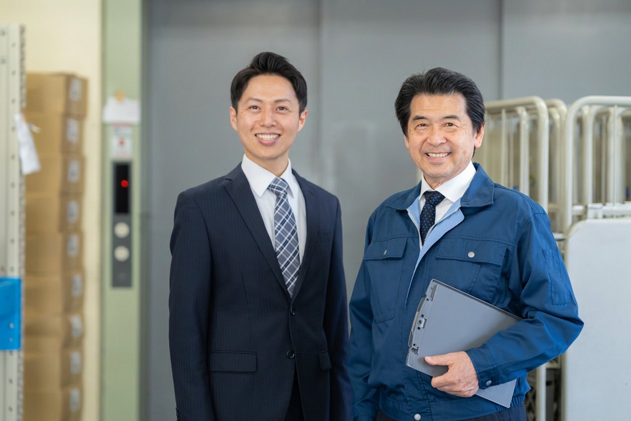 倉庫で並ぶ営業担当と現場責任者